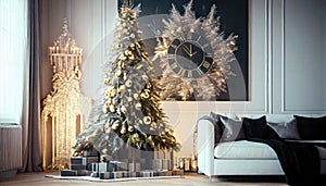 Luxury living room interior decorated chic Christmas tree gifts concept decoration merry new year apartment beautiful bedchamber