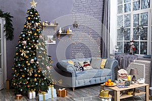 Luxury living room interior decorated with Christmas tree