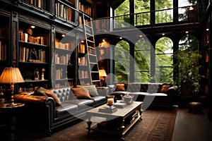 Luxury living room interior with fireplace, bookshelf and leather sofa, A beautifully designed home library, AI Generated