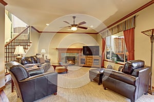 Luxury living room interior with fireplace and carpet floor