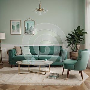 Luxury living room interior in mint colors Art Deco style A soft sofa and two armchairs a coffee table a TV unit a console a