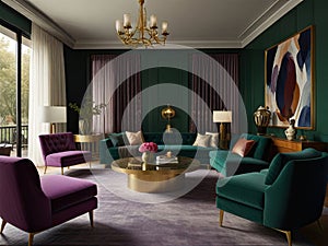 Luxury living room interior with velvet armchairs, sofa and coffee table in deep purple and moss green colors