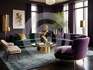 Luxury living room interior with velvet armchairs, sofa and coffee table in deep purple and moss green colors