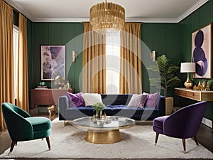 Luxury living room interior with velvet armchairs, sofa and coffee table in deep purple and moss green colors