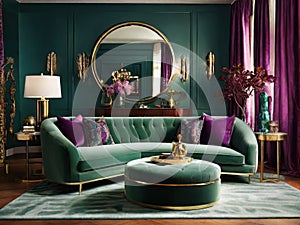 Luxury living room interior with velvet armchairs, sofa and coffee table in deep purple and moss green colors