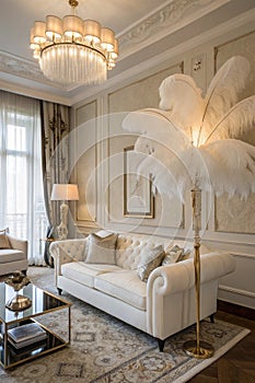 Luxury living room. White sofa set. Ostrich feather lampshade. Single seat in the Rest Corner photo