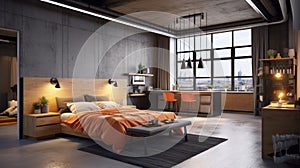 Luxury loft style studio apartment with a free layout in dark colors. Stylish modern kitchen, cozy bedroom area and