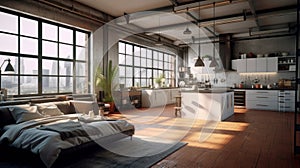 Luxury loft style studio apartment with a free layout in dark colors. Stylish modern kitchen, cozy bedroom area and