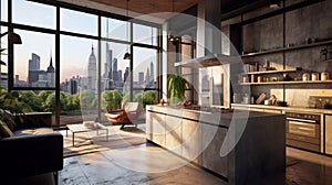 Luxury loft style studio apartment with a free layout in dark colors. Stylish modern kitchen, cozy living area with sofa