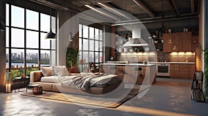 Luxury loft style studio apartment with a free layout in dark colors. Stylish modern kitchen with island, cozy bedroom