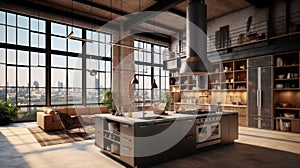 Luxury loft style studio apartment with a free layout in dark colors. Stylish modern kitchen with island, cozy living