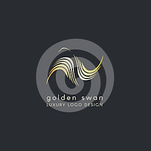 Luxury logo design of Golden Swan with distended wings. Stylizated logo. Vector design template