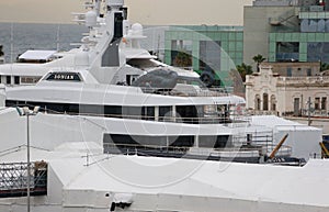 Luxury Lonian yacht on scaffolding in Barcelona port