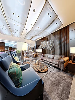 Luxury lounge entrance area in hotel with leather sofa and fabric armchair. designer white cabinets with a flower pot and wooden