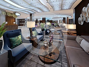 Luxury lounge entrance area in hotel with leather sofa and fabric armchair. designer white cabinets with a flower pot and wooden