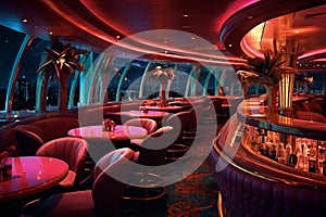 Luxury lounge with neon lighting, plush seating, and a modern bar area