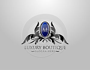 Luxury M Letter Logo. Vintage M Premium Badge Design for Royalty, Restaurant, Label, Letter Stamp, Boutique,  Hotel, Heraldic,