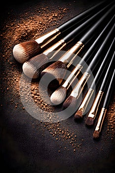 Luxury Makeup Brushes With Soft Powder Texture On Dramatic Dark Surface