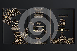 Luxury Mandala Wedding Invitation Card Set template with golden arabesque pattern Arabic Islamic background style. Editable vector
