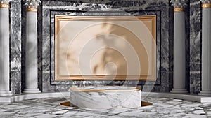 Luxury marble product display podium with golden frame and empty space.