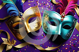 Luxury mask on dark golden bokeh blurred confetti background, concept carnival
