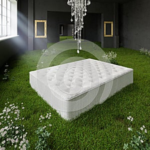 A luxury mattress in a beautiful black room with green grass and a crystal chandelier. 3d render