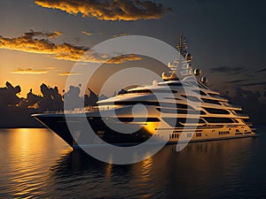 A luxury mega yacht with golden glass in the sea. ai generative
