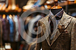 Luxury Men\'s Brown Suit Showcased in a High-End Clothing Store. Concept Luxury Fashion, Men\'s photo
