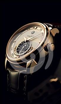 Luxury mens watch commercial concept, bespoke gold design on dark background, generative ai