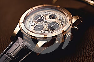 Luxury mens watch commercial concept, bespoke gold design on dark background, holiday gift