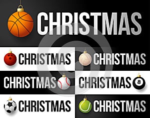 Luxury Merry Christmas horizontal banner. Christmas card with sport baseball, basketball, football, tennis balls hang on a thread