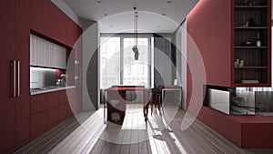 Luxury minimal living room in white and red tones, kitchen with island and stools, decors, pendant lamps, parquet, fireplace,