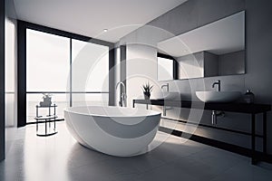 Luxury minimalist bathroom interior. Modern big white bathtub. Generative AI