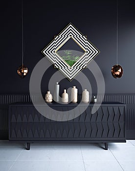 Luxury minimalist dark living room interior with commode,vases, chandeliers and mirror