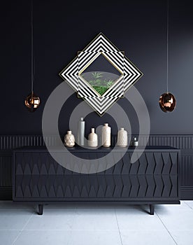 Luxury minimalist dark living room interior with commode,vases, chandeliers and mirror photo