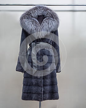 Luxury mink fur coat with collar black Fox gray with belt