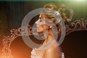 Luxury model in vintage style. Beautiful woman with a stunning hairstyle and make-up in a rococo dress. Girl at the Masquerade