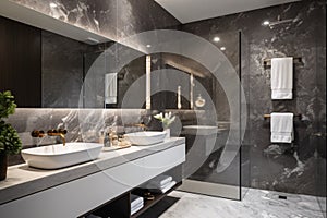 Luxury, modern bathroom with black and white marble carrara walls and floor, shower and faucet