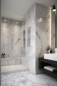 Luxury modern bathroom interior with white marble carrara walls, tiled floor and comfortable shower