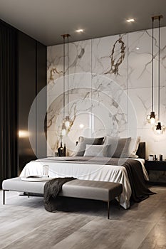 Luxury, modern bedroom interior with black and white carrara marble tiles and king size bed