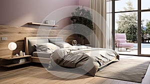 Luxury modern beige bedroom with walk in closet wooden bed gray blanket bedside table bathroom in sunlight from window curtain on