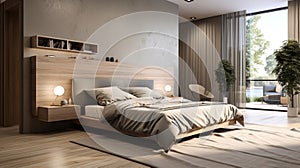 Luxury modern beige bedroom with walk in closet wooden bed gray blanket bedside table bathroom in sunlight from window curtain on