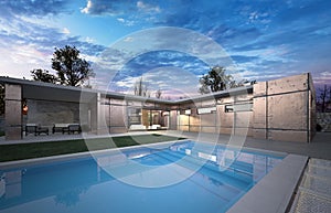 Luxury modern a big house with L shape and swim pool photo