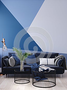 Luxury modern blue living room interior with geometric form patterned wall, dark blue sofa, floor lamp and coffee table