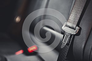 Luxury modern car interior. Car seat belt. Save driving.