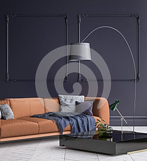 Luxury modern dark blue living room interior with white parquet floor, brown sofa, floor lamp and coffee table