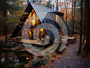 A luxury & modern design cabin built in the forest. Nice architecture with dark roof.