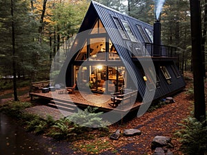 A luxury & modern design cabin built in the forest. Nice architecture with dark roof.