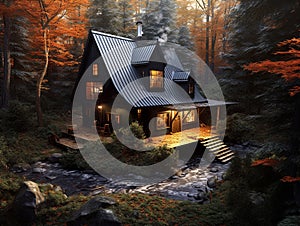 A luxury & modern design cabin built in the forest. Nice architecture with dark roof.