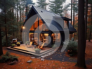 A luxury & modern design cabin built in the forest. Nice architecture with dark roof.